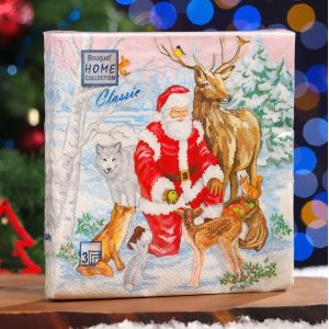 Салфетки бумажные трехслойные Home Collection Classic "Дед Мороз и лесные друзья"