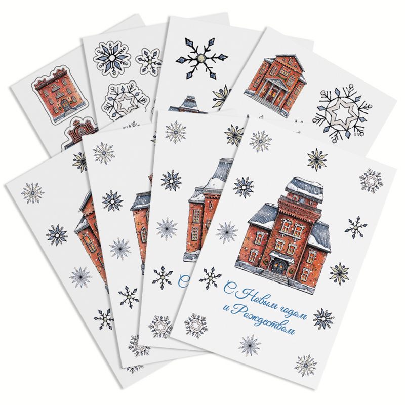 Новогодний набор "Snow Town": открытки, наклейки и переводные картинки (тату)