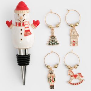 Новогодний набор для украшения стола "Снеговик" пробка для бутылки и 4 подвесов для бокалов