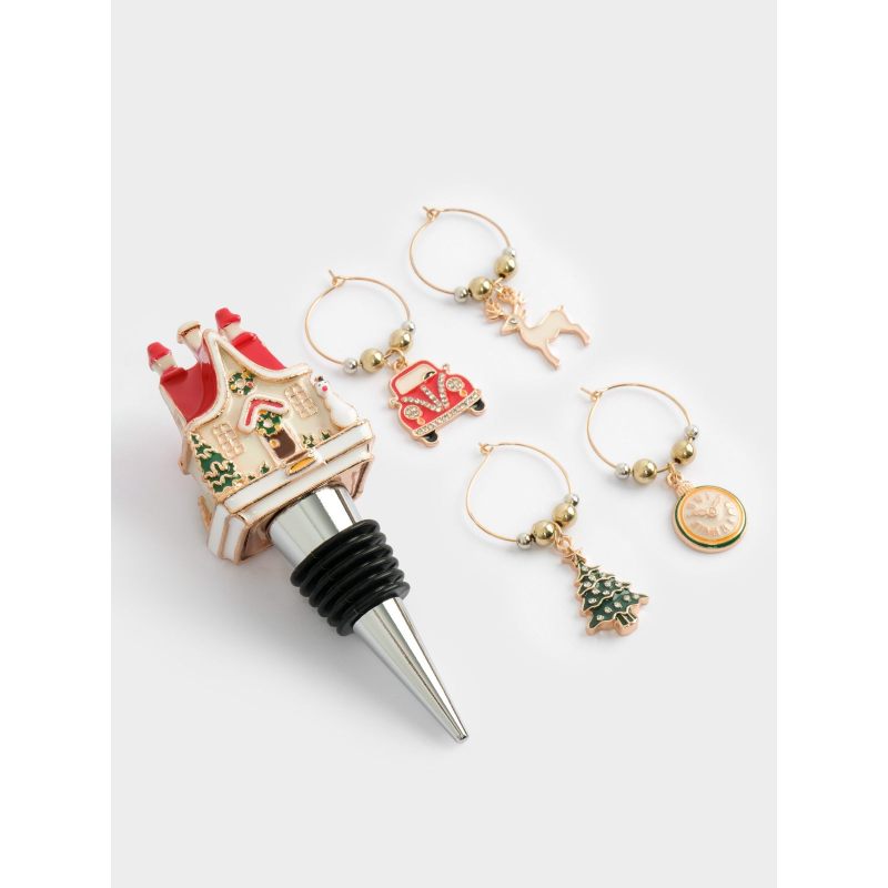 Новогодний набор для украшения стола "Домик в снегу" пробка для бутылки и 4 подвесов для бокалов