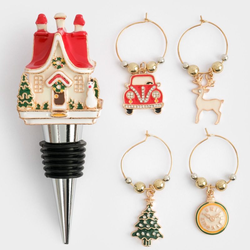 Новогодний набор для украшения стола "Домик в снегу" пробка для бутылки и 4 подвесов для бокалов