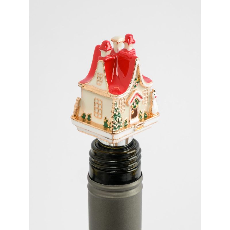 Новогодний набор для украшения стола "Домик в снегу" пробка для бутылки и 4 подвесов для бокалов