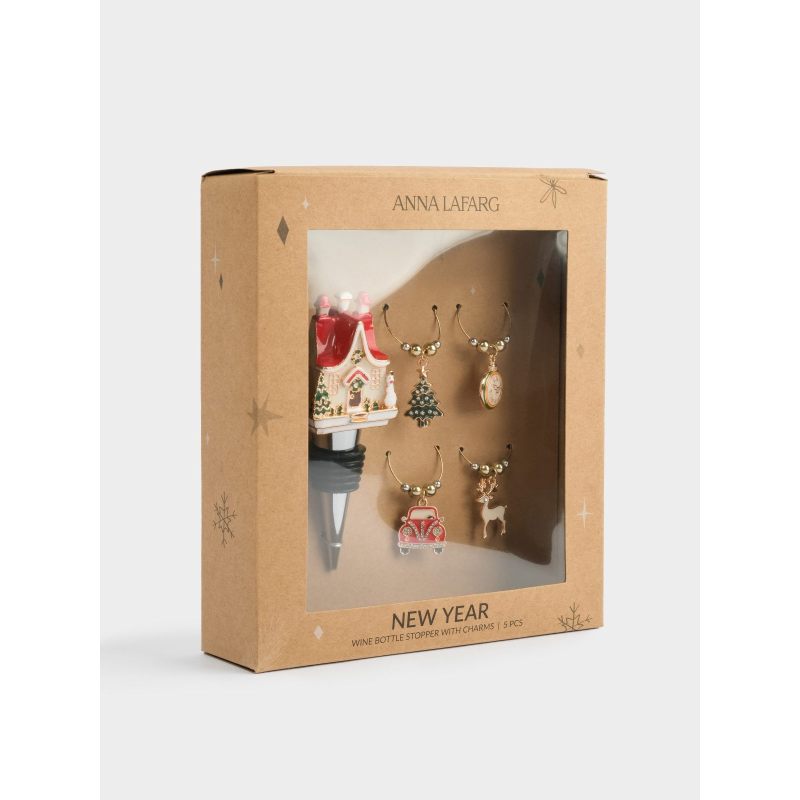 Новогодний набор для украшения стола "Домик в снегу" пробка для бутылки и 4 подвесов для бокалов