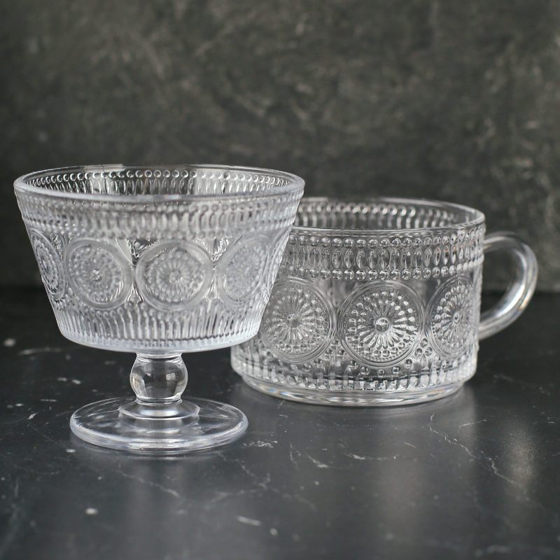 Праздничный набор "Королевское Рождество" чашка и креманка из стекла с рельефным орнаментом, 2 вида