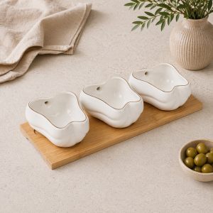 Набор для сервировки "Harvest Collection Перец" 3 чаши на бамбуковом подносе, с золотым ободком